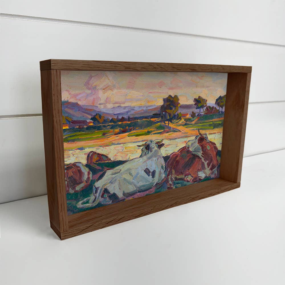 Cows on the River Bank - Cows Canvas Art - Wood Framed Art
