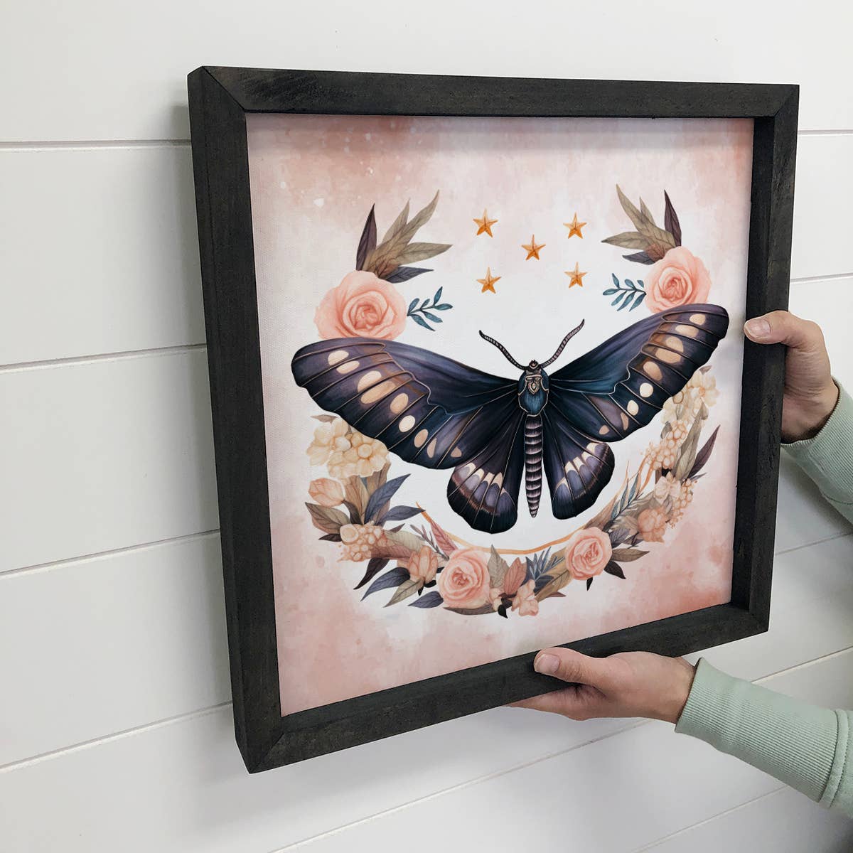 Moth Flowers Black and Pink - Moth Canvas Art - Framed Decor