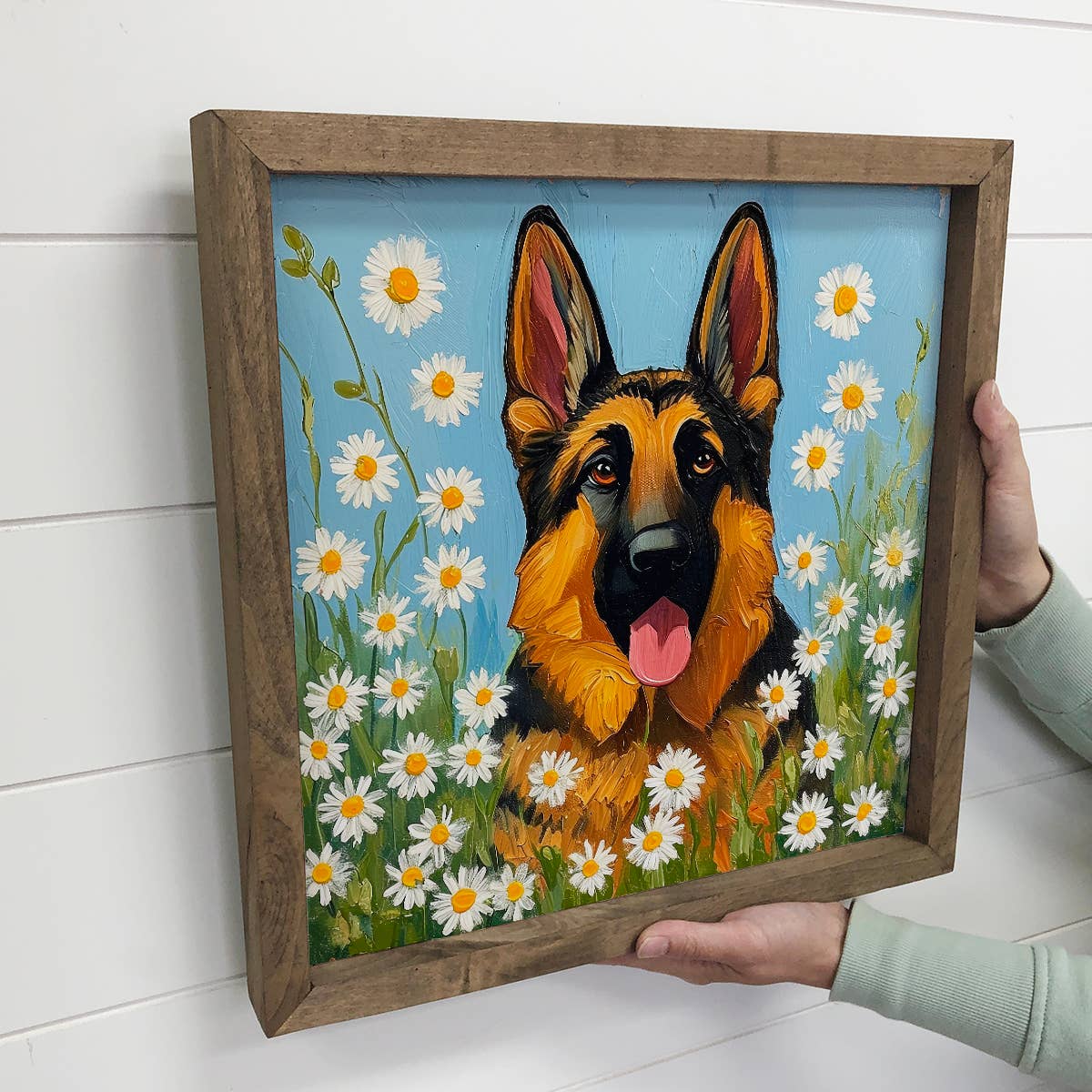 German Shepard and Daisies - Dog and Flowers Canvas Art