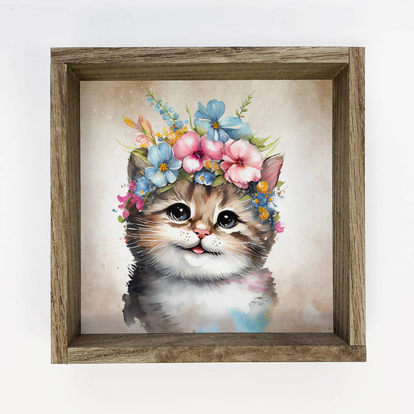 Cute Flower Cat - Nursery Art with Rustic Wood Frame