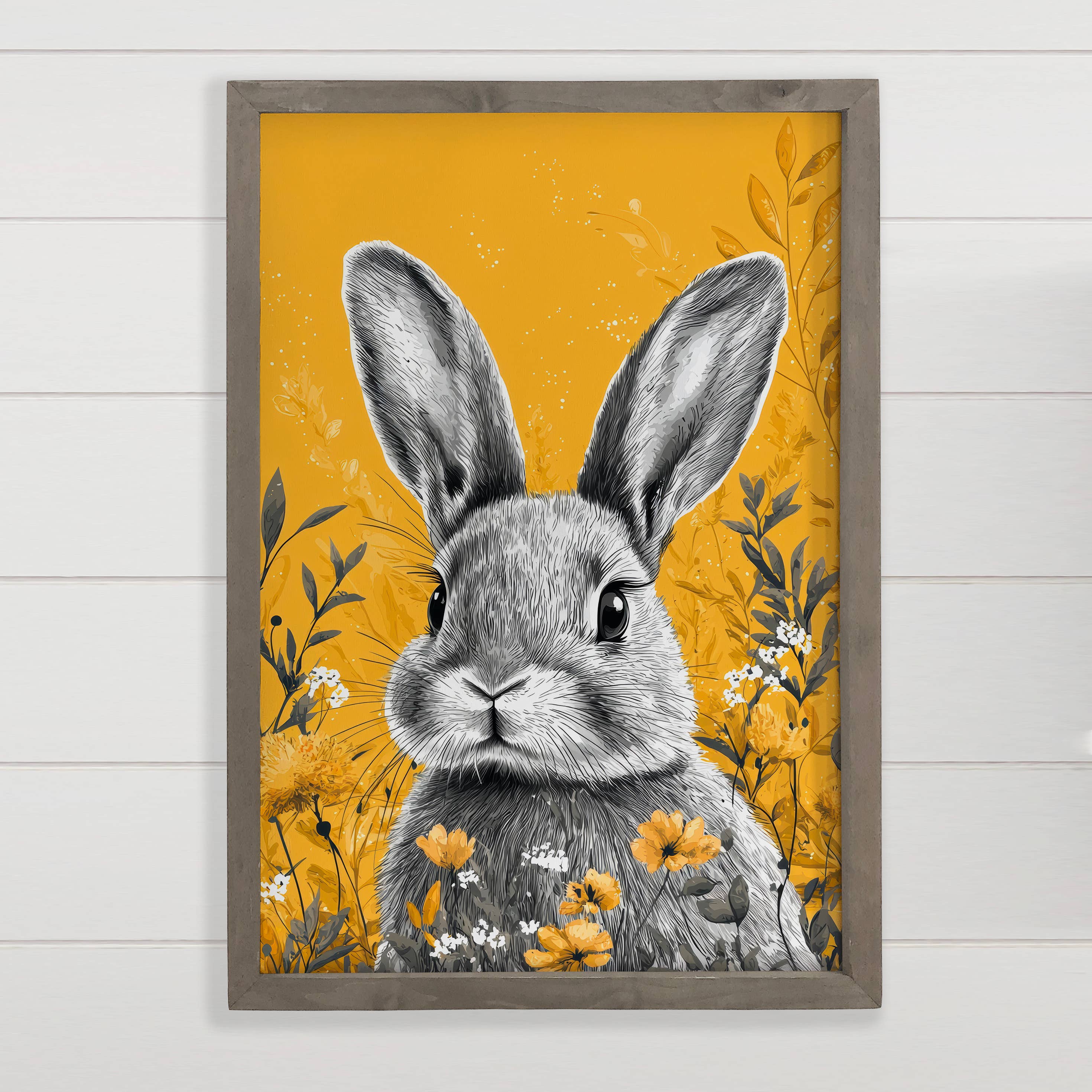 Bunny Flowers Yellow Background - Sweet Bunny Canvas Art