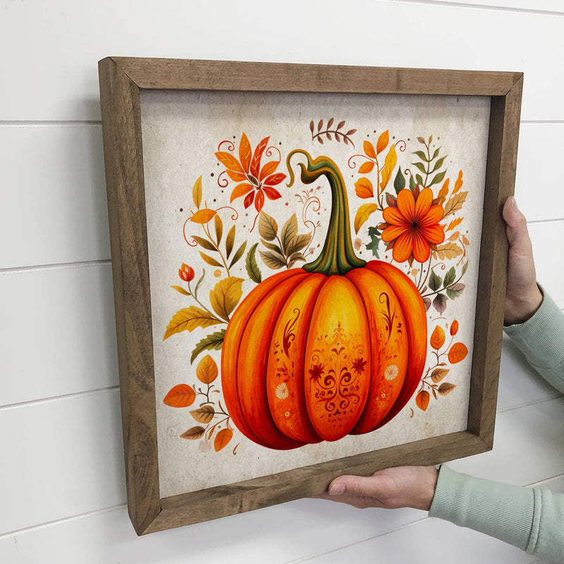 Decorative Folk Pumpkin - Fall Wall Art - Framed Wall Decor