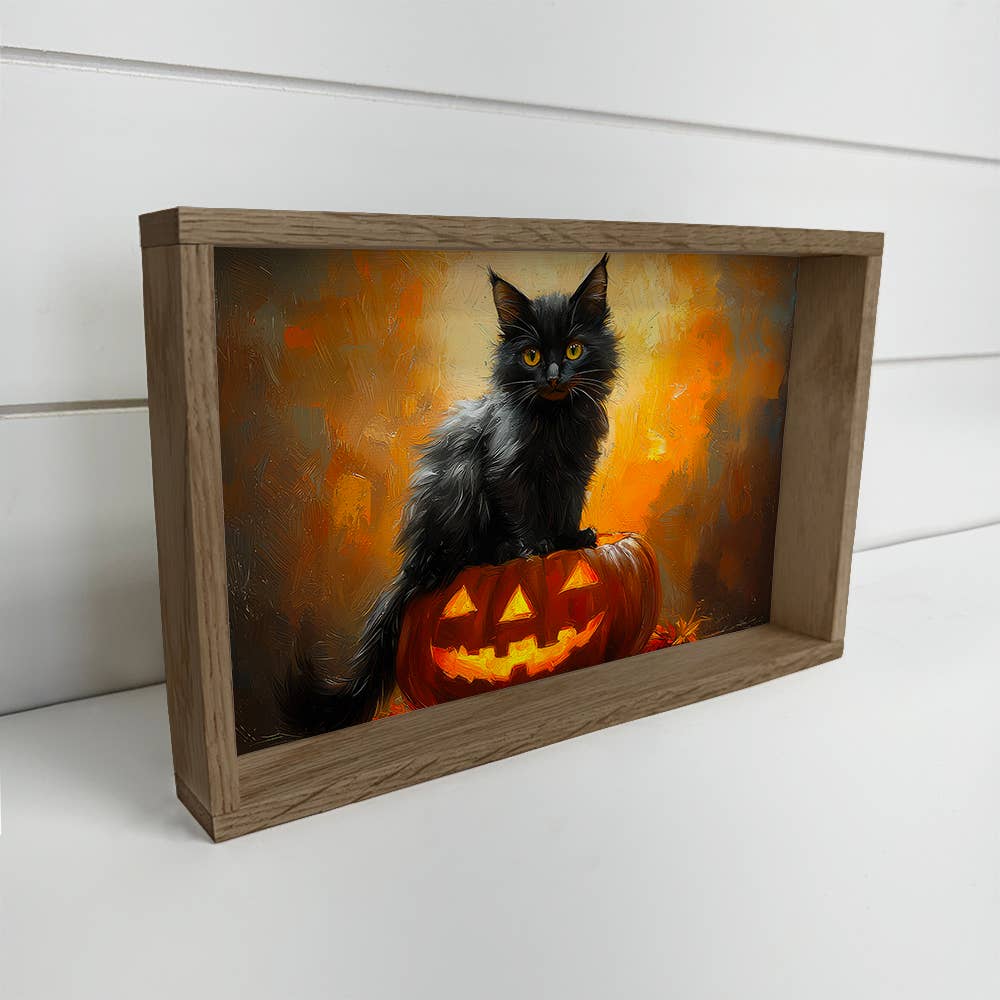 Black Kitty Glowing Pumpkin - Halloween Canvas Art - Framed