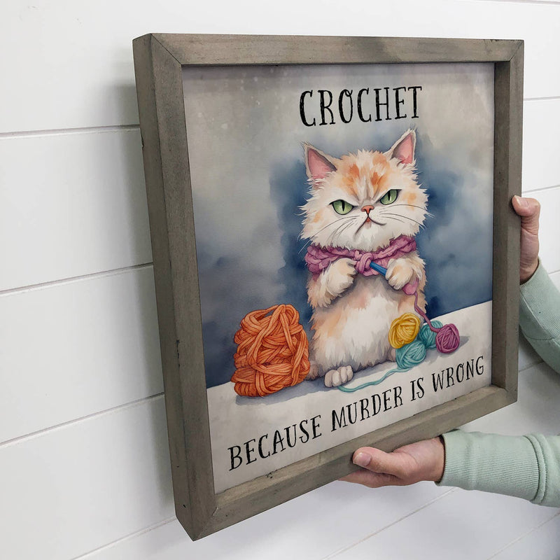 Crochet Cat - Funny Animal Canvas Art - Wood Framed Wall Art