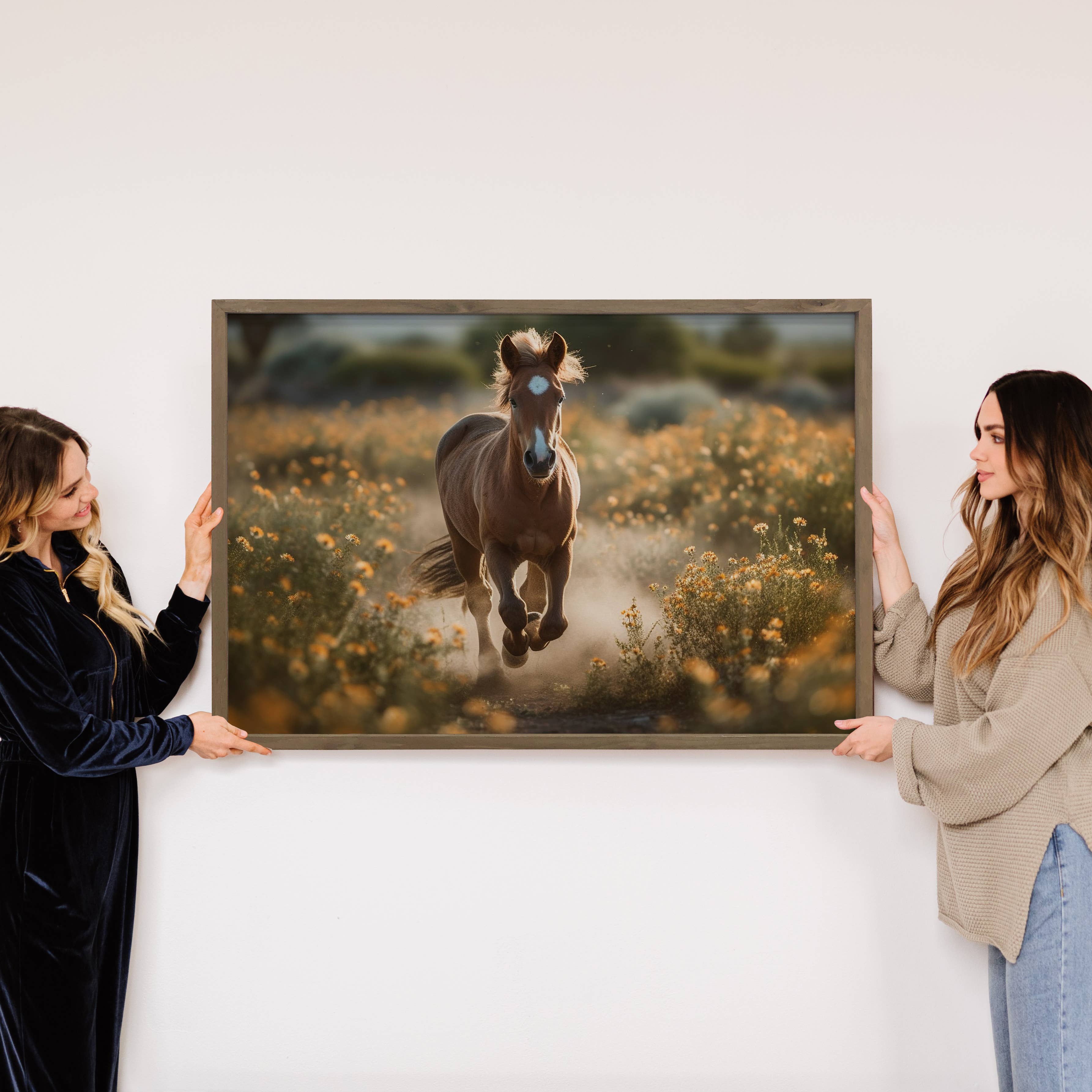 Horse Galloping in Wildflowers Farmhouse Wood Wall Art