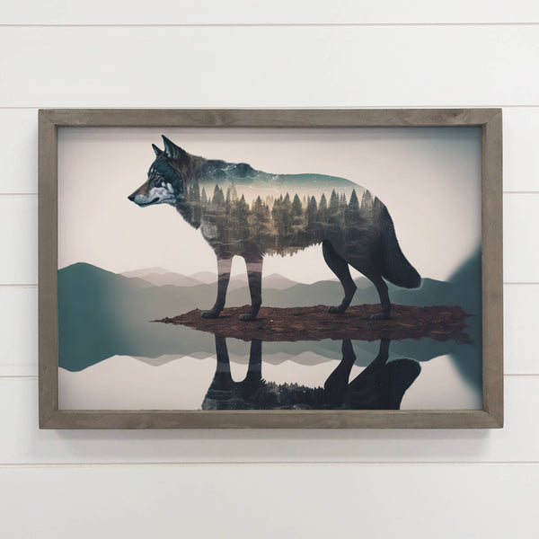 Wolf Trees Double Exposure -Wood Framed Wildlife Canvas Art