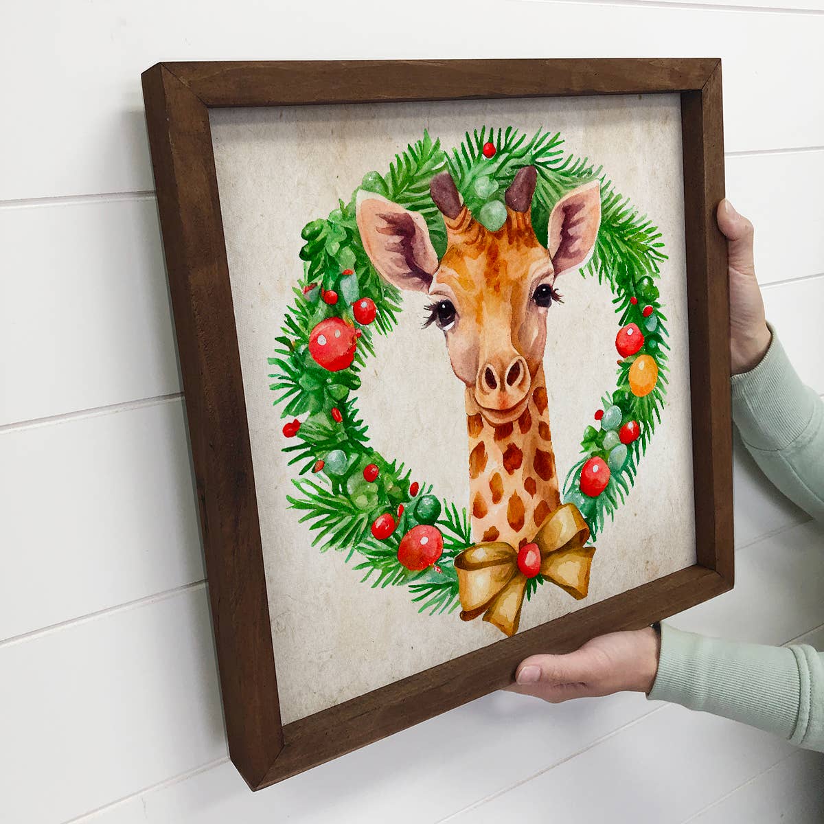 Christmas Wreath Giraffe - Cute Holiday Animal - Framed Art