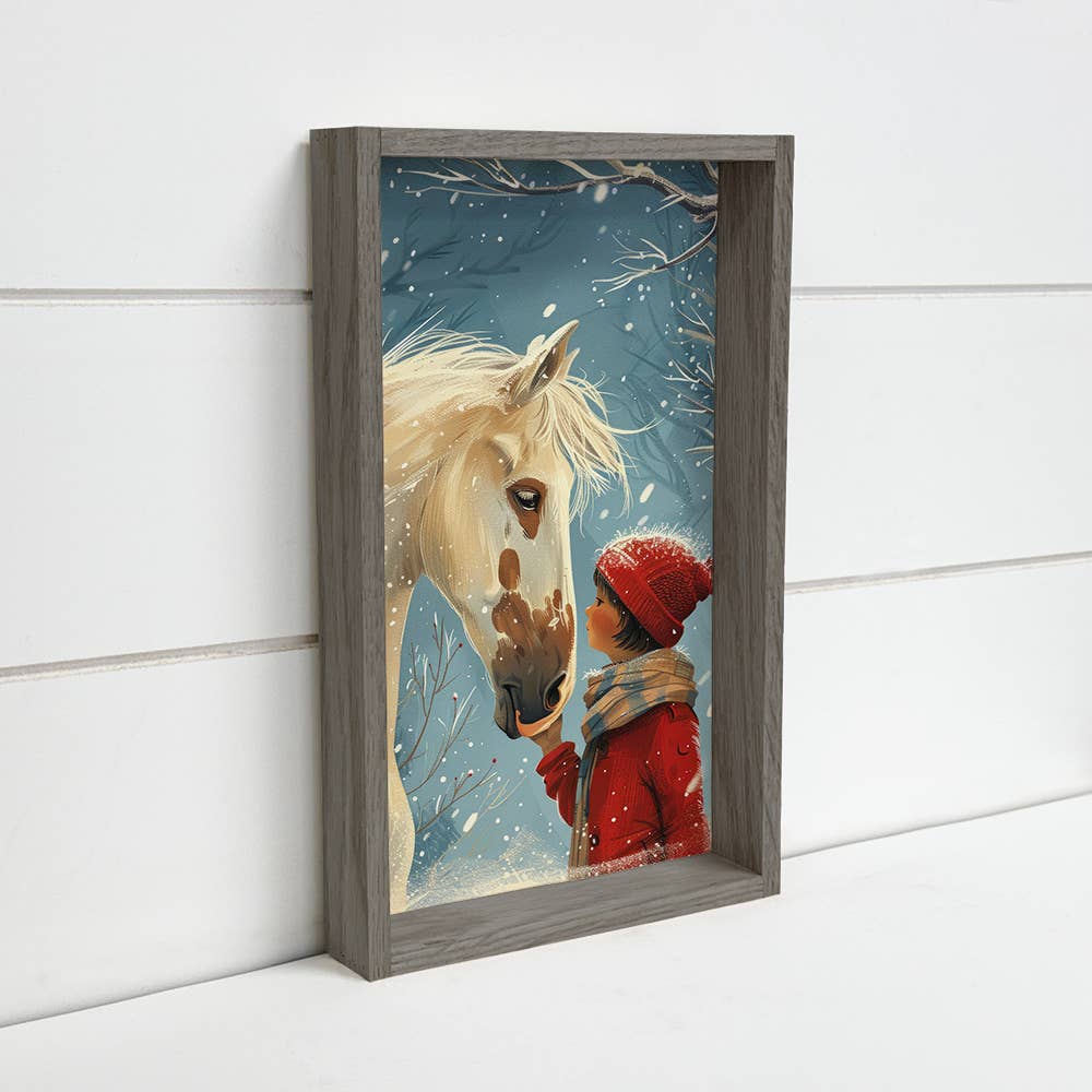 Snowy Horse and Girl - Winter Ranch House Canvas Art