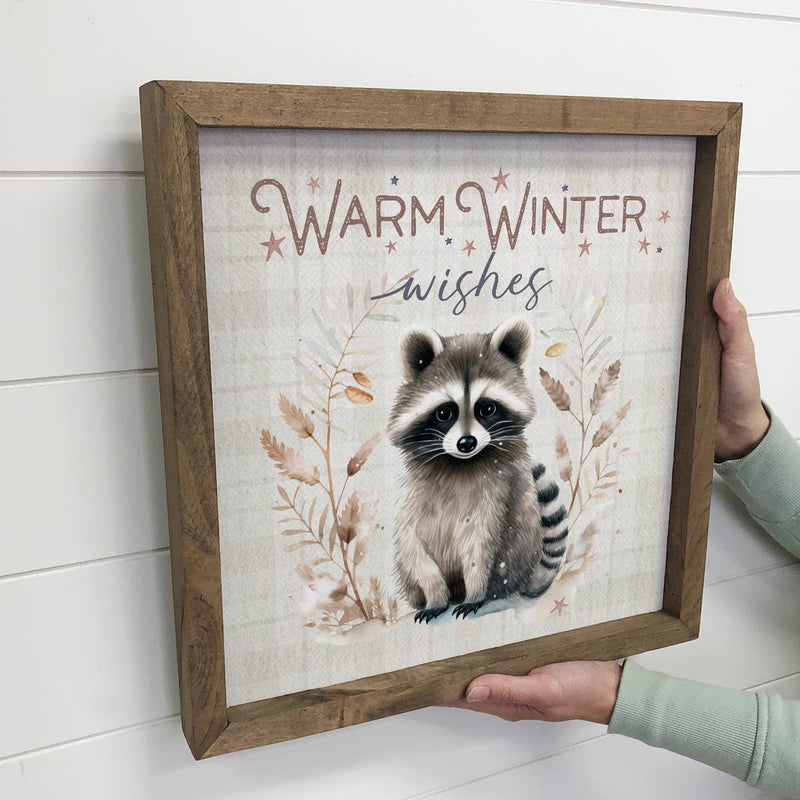 Warm Winter Wishes Raccoon - Cute Framed Raccoon Canvas Art