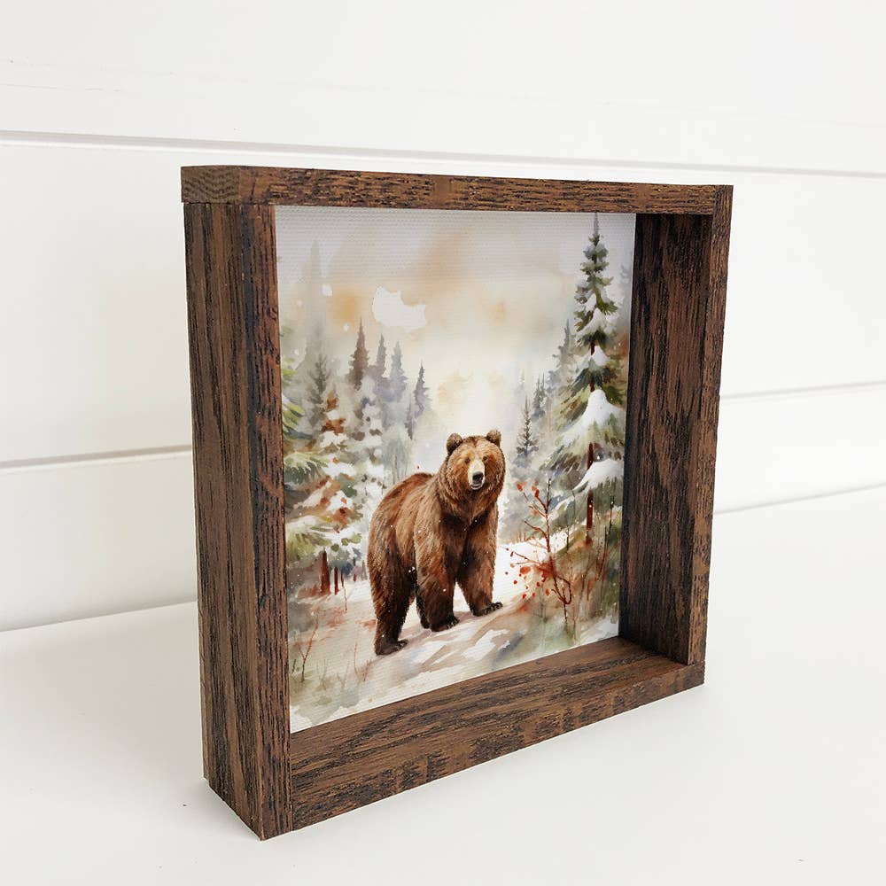 Winter Watercolor Bear in Pines - Bear Canvas Art - Framed