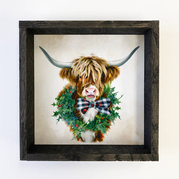 Christmas Sign- Highland Cow Bow & Wreath Small Sign