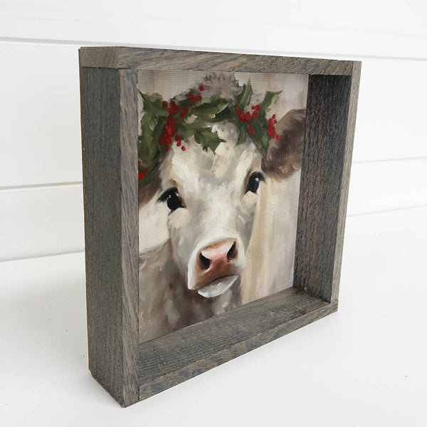 Baby Cow Holly Berry Crown - Cute Holiday Animal Wall Art
