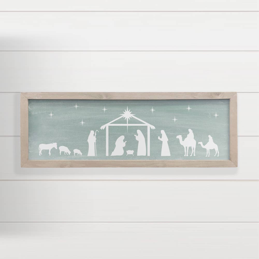 Sage Green Long Nativity Silhouette Wood Sign for Christmas