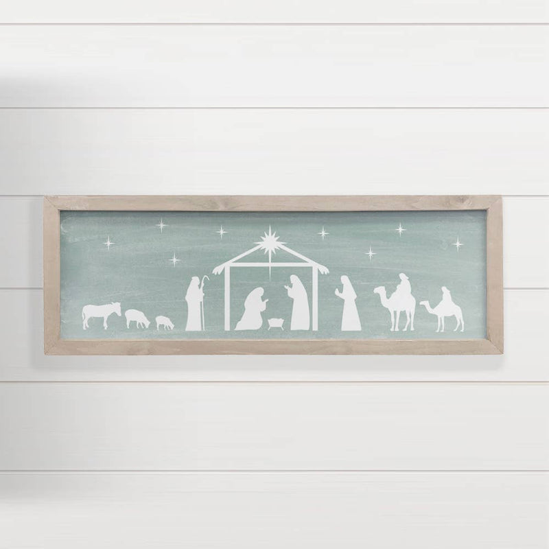 Sage Green Long Nativity Silhouette Wood Sign for Christmas