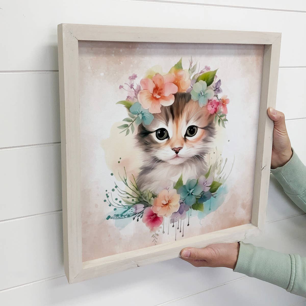 Springtime Flower Cat - Cute Cat Canvas Art - Wood Framed