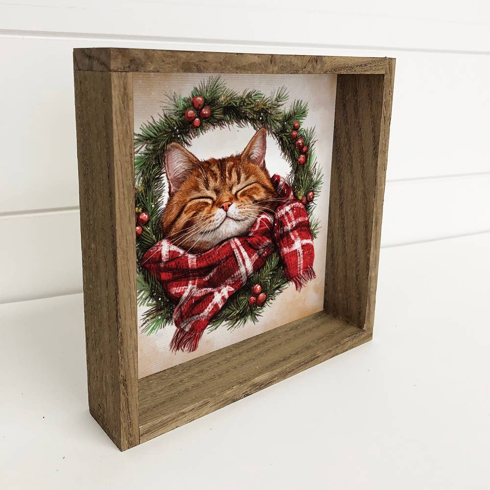 Cozy Cat Christmas Wreath - Christmas Cat Canvas Art