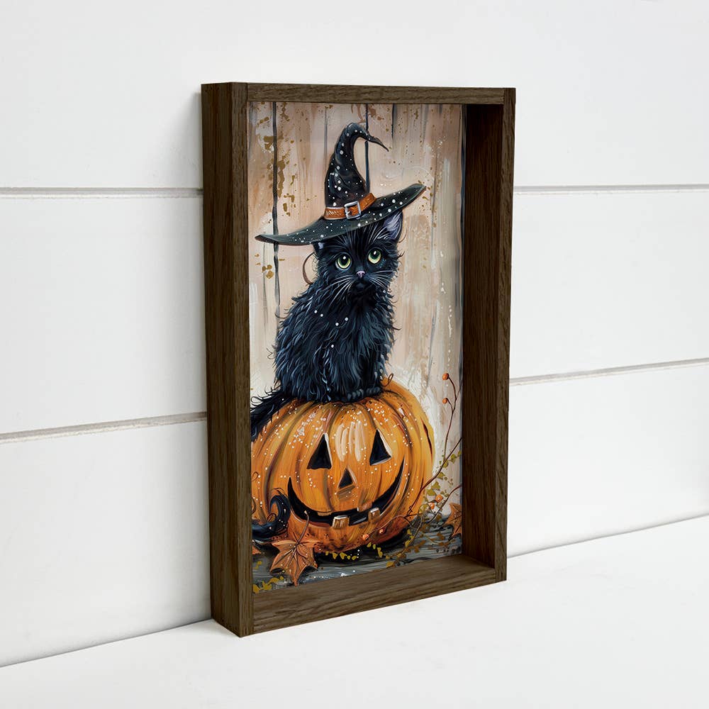 Black Cat Witch Hat Pumpkin - Halloween Canvas Art - Framed
