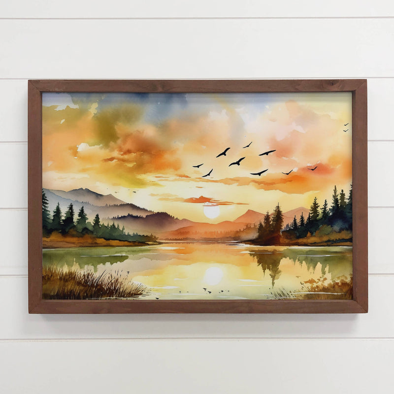 Birds Over Lake Sunset - Framed Nature Art - Cabin Decor