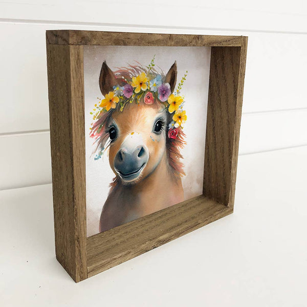 Cute Flower Horse - Nursey Art with Rustic Wood Sign