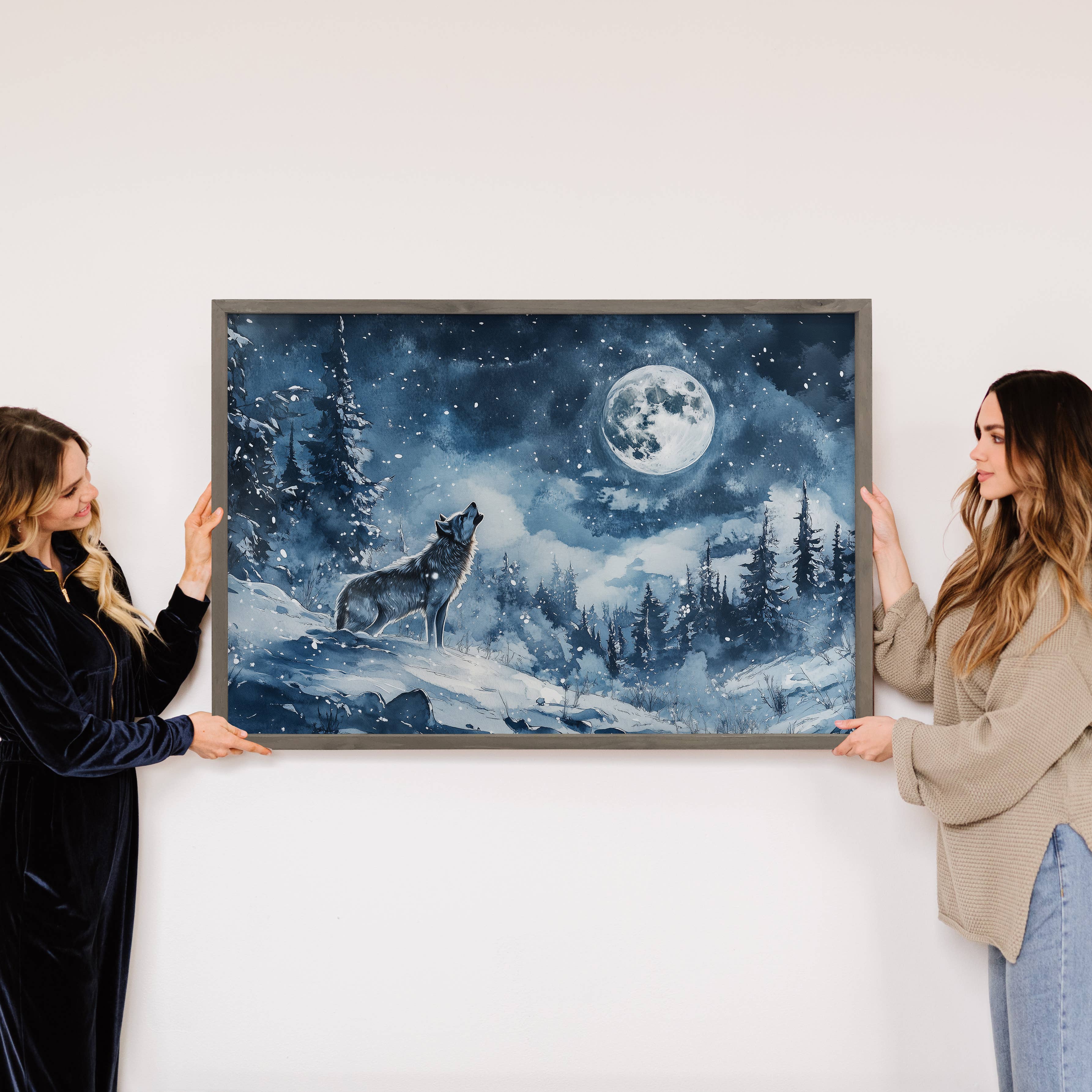 Wolf Howling Moonlight Snow - Wolf Canvas Art - Wood Framed