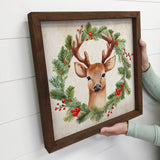 Christmas Wreath Deer - Cute Holiday Animal - Framed Decor