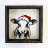Cow in Santa Hat Black and White Christmas Holiday Canvas