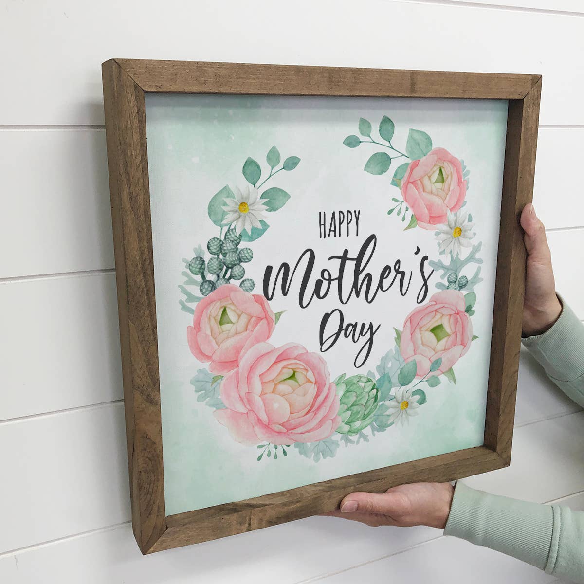 Happy Mother's Day Wreath Wood Sign - Green and Pink