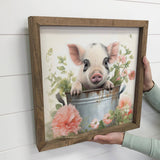 Black White Pig in Tub - Cute Framed Animal Art - Farmhouse
