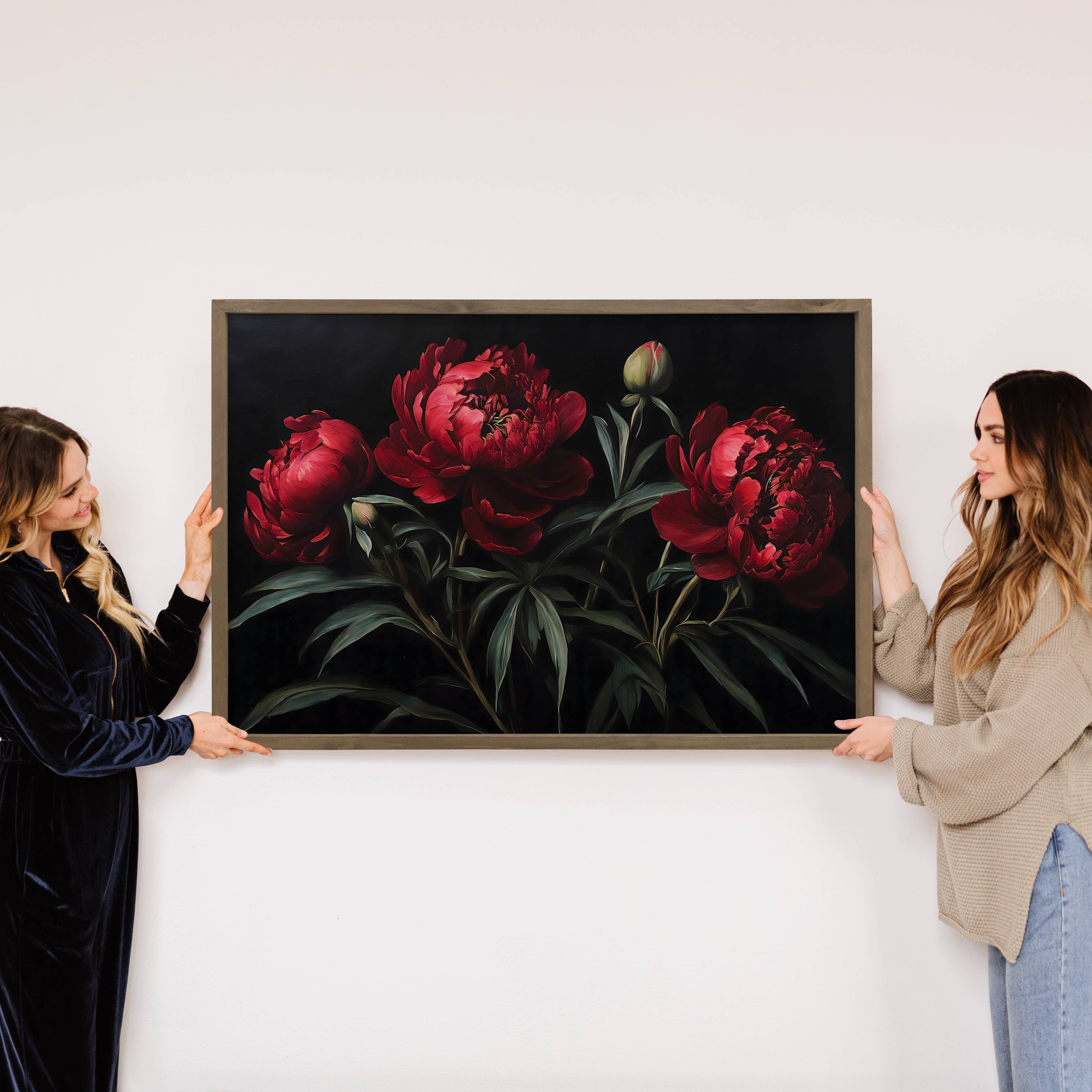 Dark Red Peonies - Flower Canvas Art - Wood Framed Wall Art