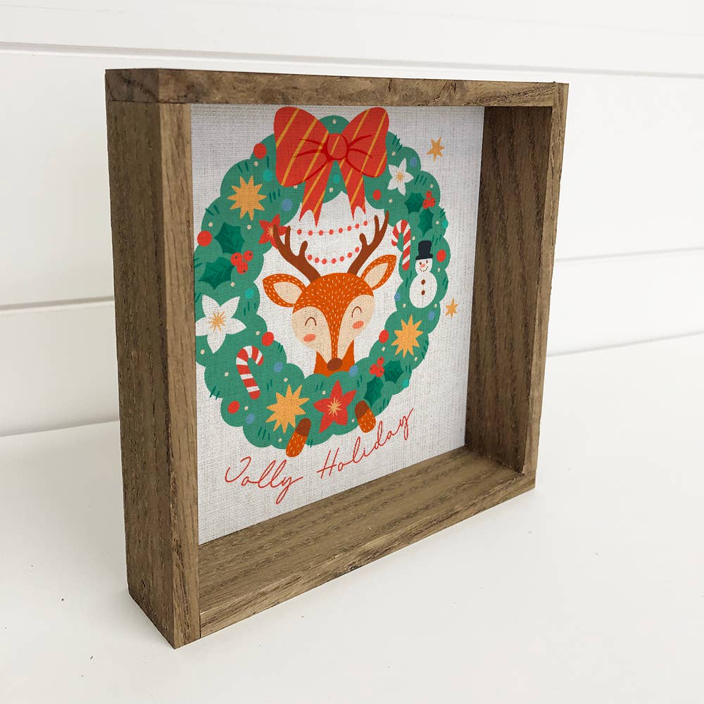 Jolly Holiday Deer Wreath - Holiday Canvas Art - Framed Art