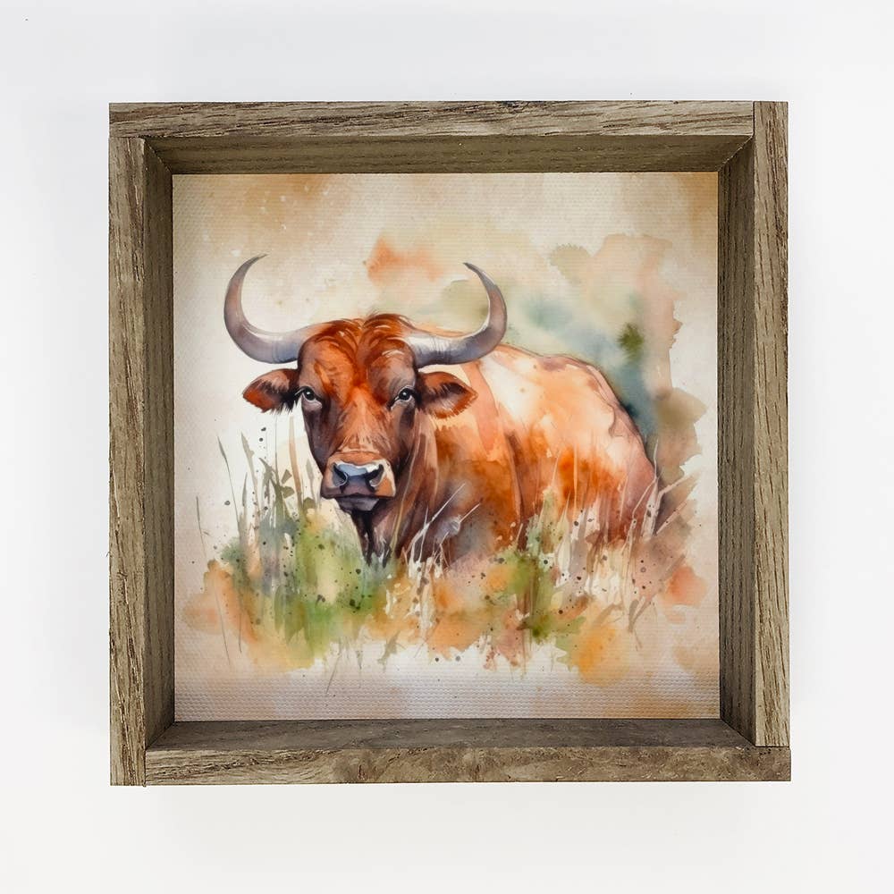 Bull in Wildflowers - Wood Framed Ranch House Canvas Art