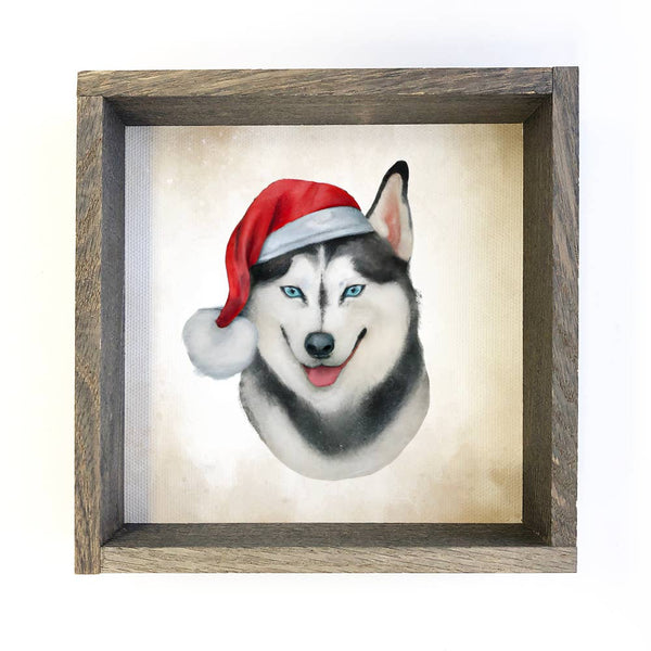 Husky Dog in Santa Hat Christmas Small Canvas Sign
