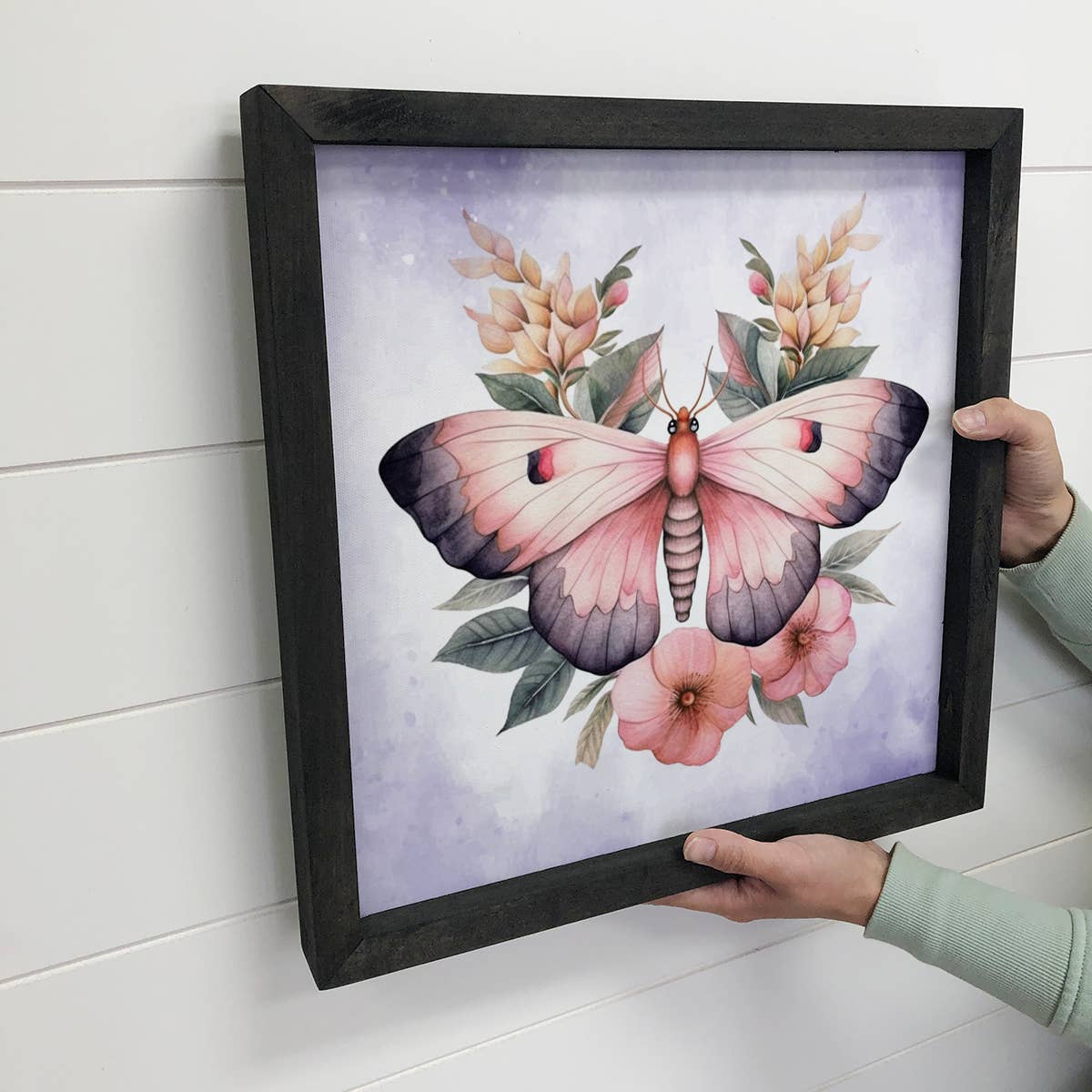 Moth Flowers Pink and Purple - Moth Canvas Art - Framed Art