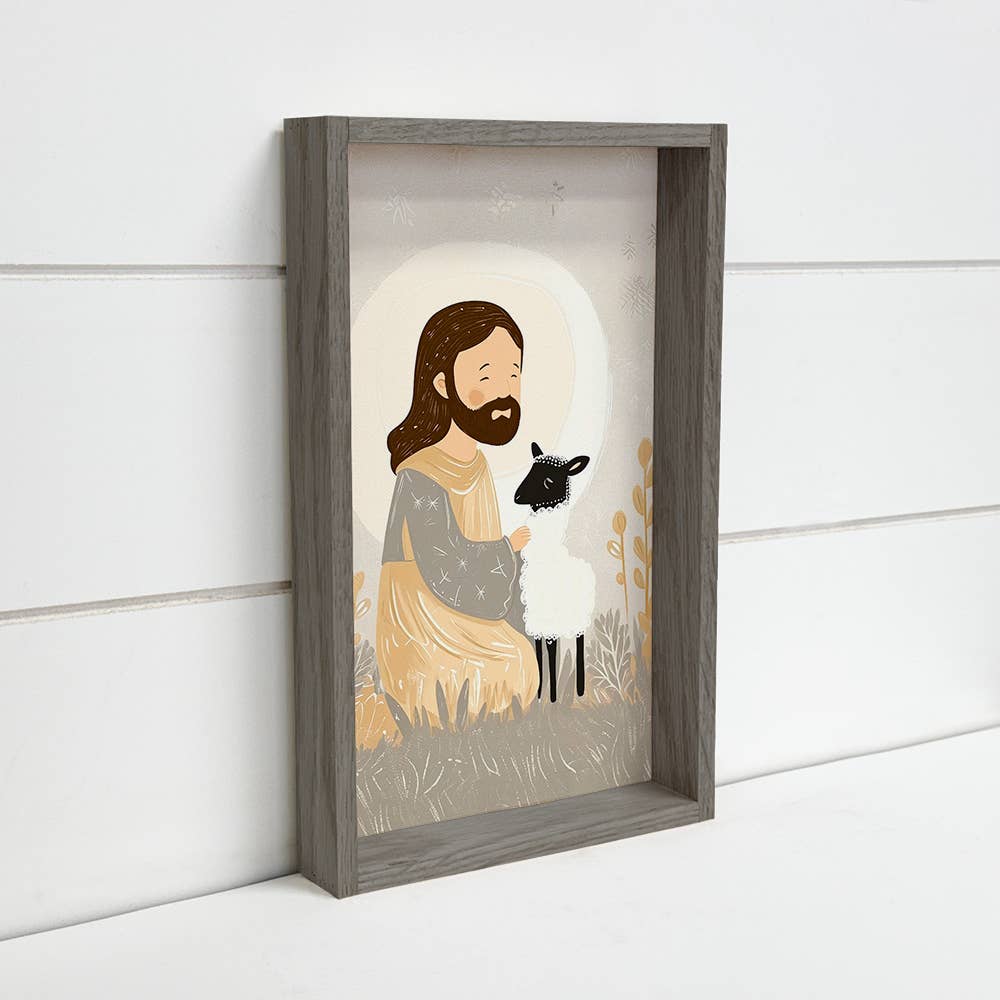 Cute Jesus Kneeling with Stray Lamb - Jesus Canvas Art