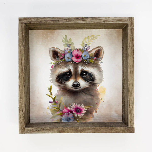 Cute Flower Raccoon-Nursery Wall Art with Rustic Wood Frame