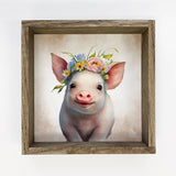 Cute Flower Pig - Nursery Wall Art with Rustic Wood Frame