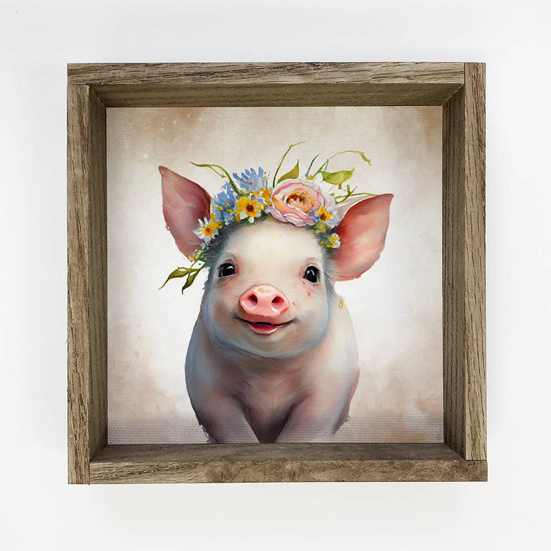 Cute Flower Pig - Nursery Wall Art with Rustic Wood Frame