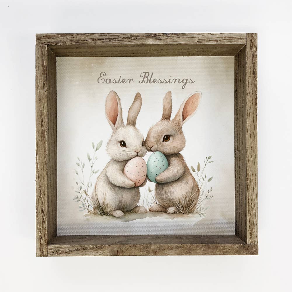 Easter Blessings Two Bunnies - Easter Canvas Art - Framed