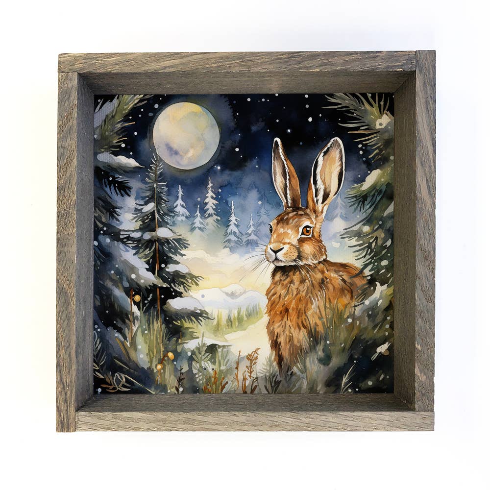 Winter Watercolor Rabbit Moonlight - Rabbit Canvas Art