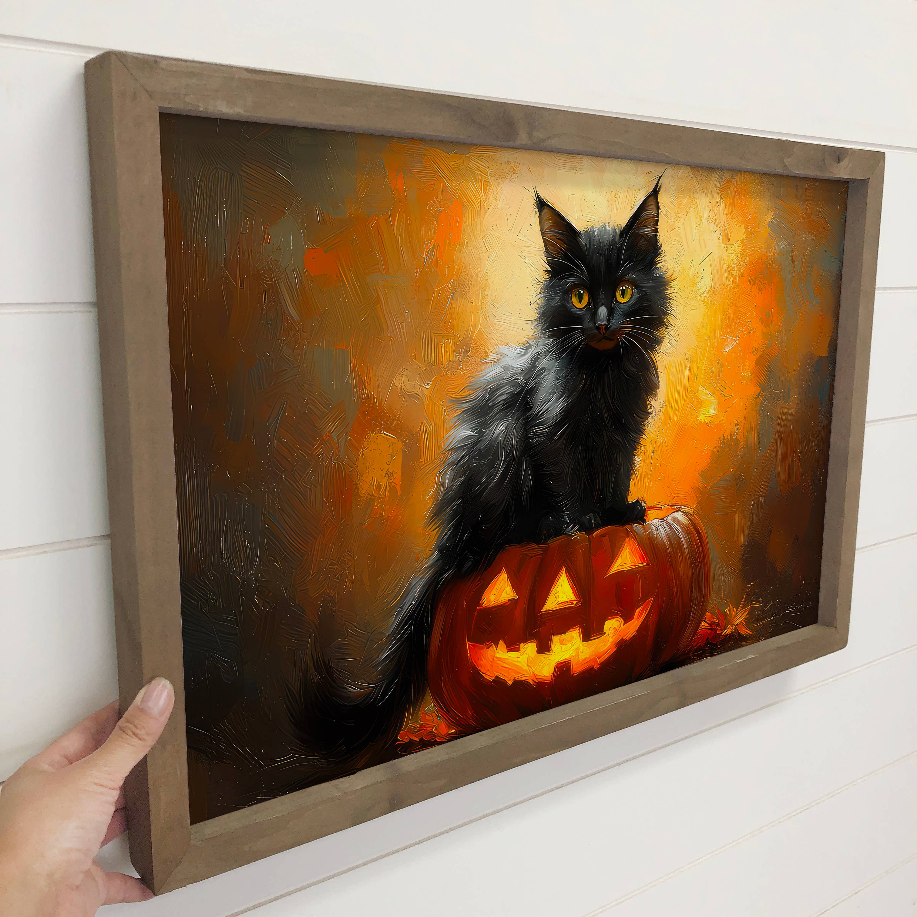 Black Kitty Glowing Pumpkin - Halloween Canvas Art - Framed