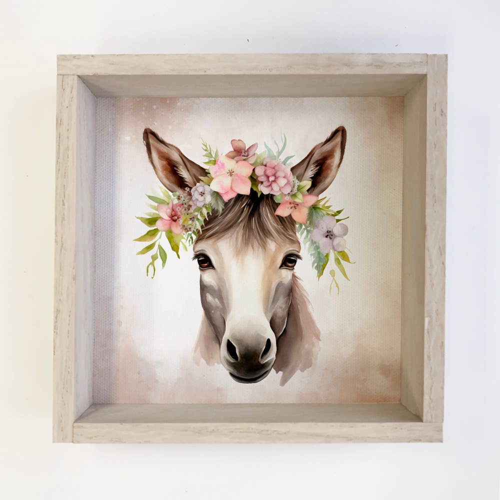 Springtime Flower Donkey - Cute Donkey Canvas Art - Framed