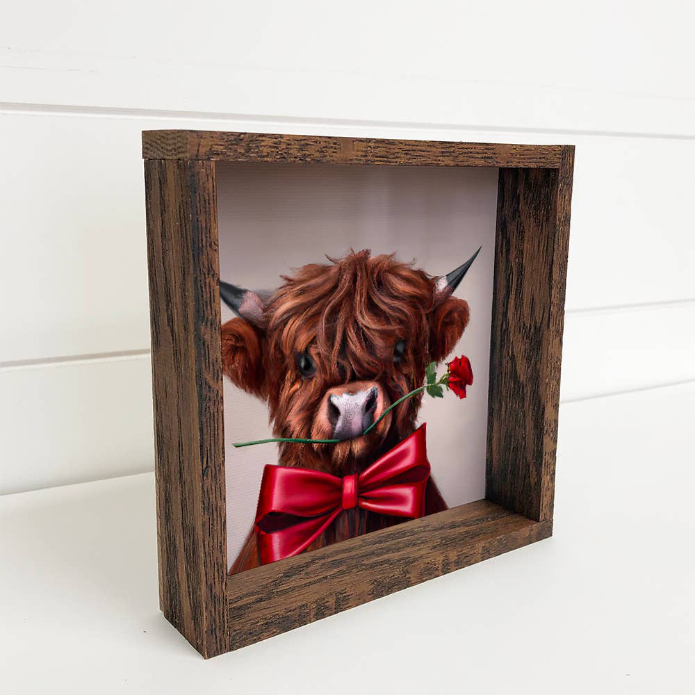 Valentines Cow Art Sign - Highland Bull with a Rose