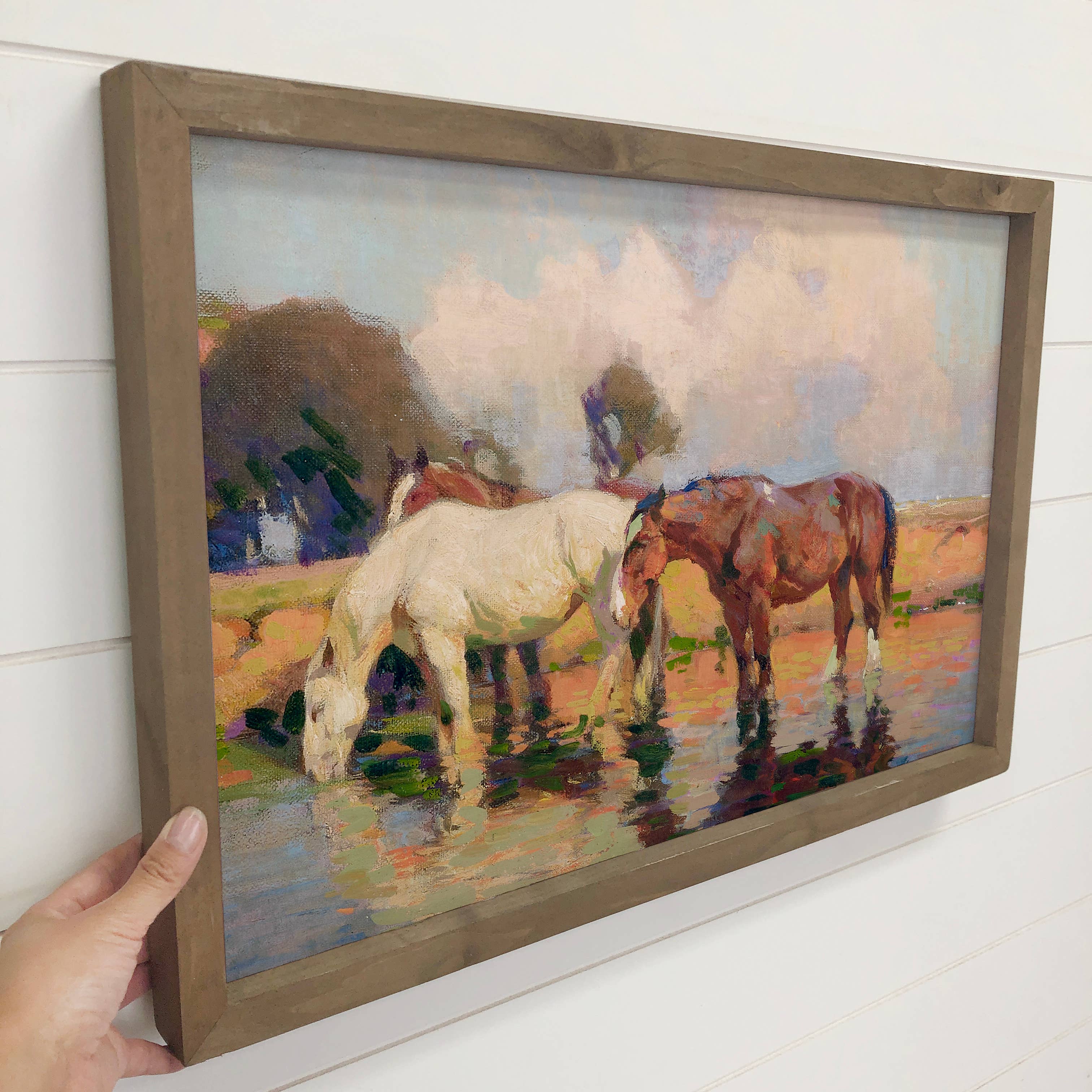 Horses Water Hole - Horse Canvas Art - Wood Framed Wall Art