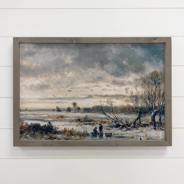 Ice Fishing - Winter Scene Canvas Art - Wood Framed