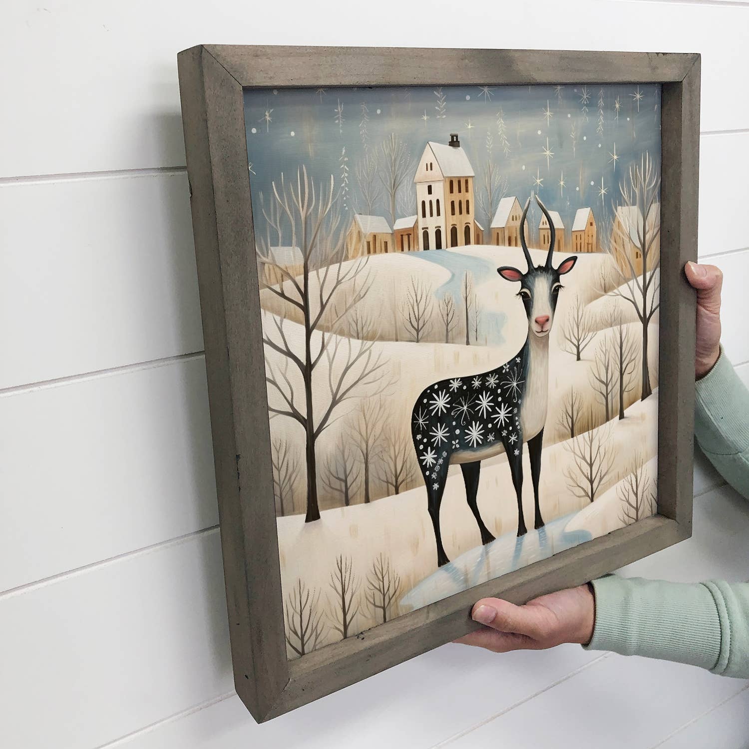 Whimsy Christmas Goat - Christmas Canvas Art - Wood Framed