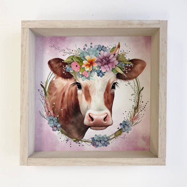 Spring Wreath Cow - Spring Time Animals Canvas Art - Framed