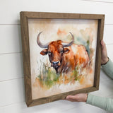 Bull in Wildflowers - Wood Framed Ranch House Canvas Art