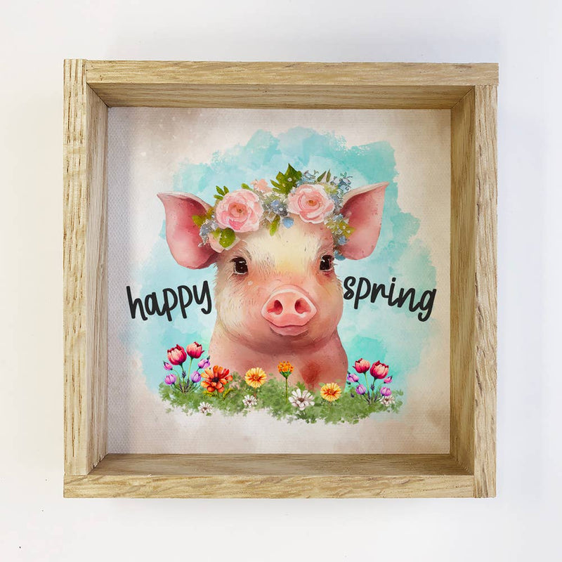 Happy Spring Pig - Baby Animals - Nursery Art & Wood Frame