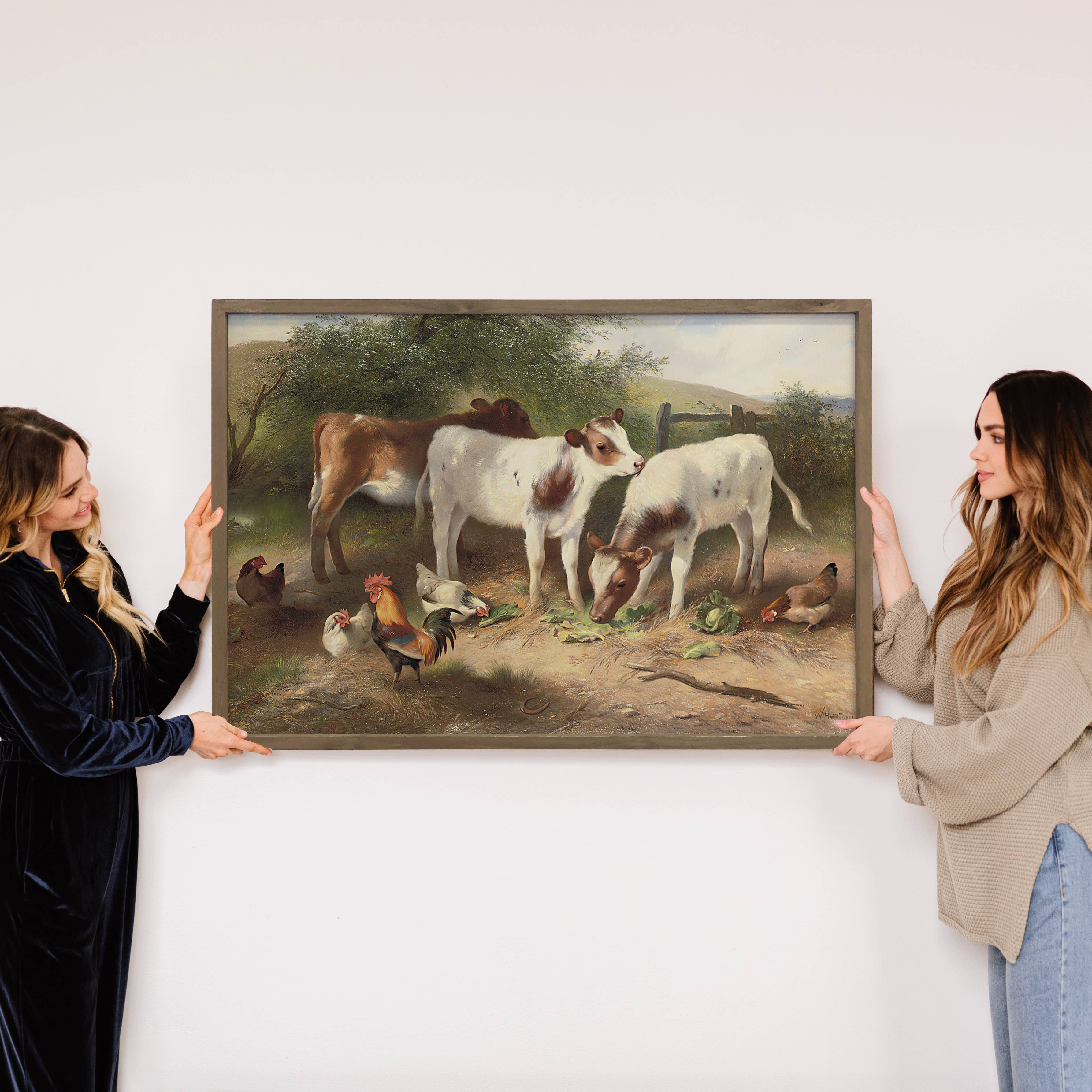 Farm Calves and Chickens - Farmhouse Canvas Art - Wood Frame