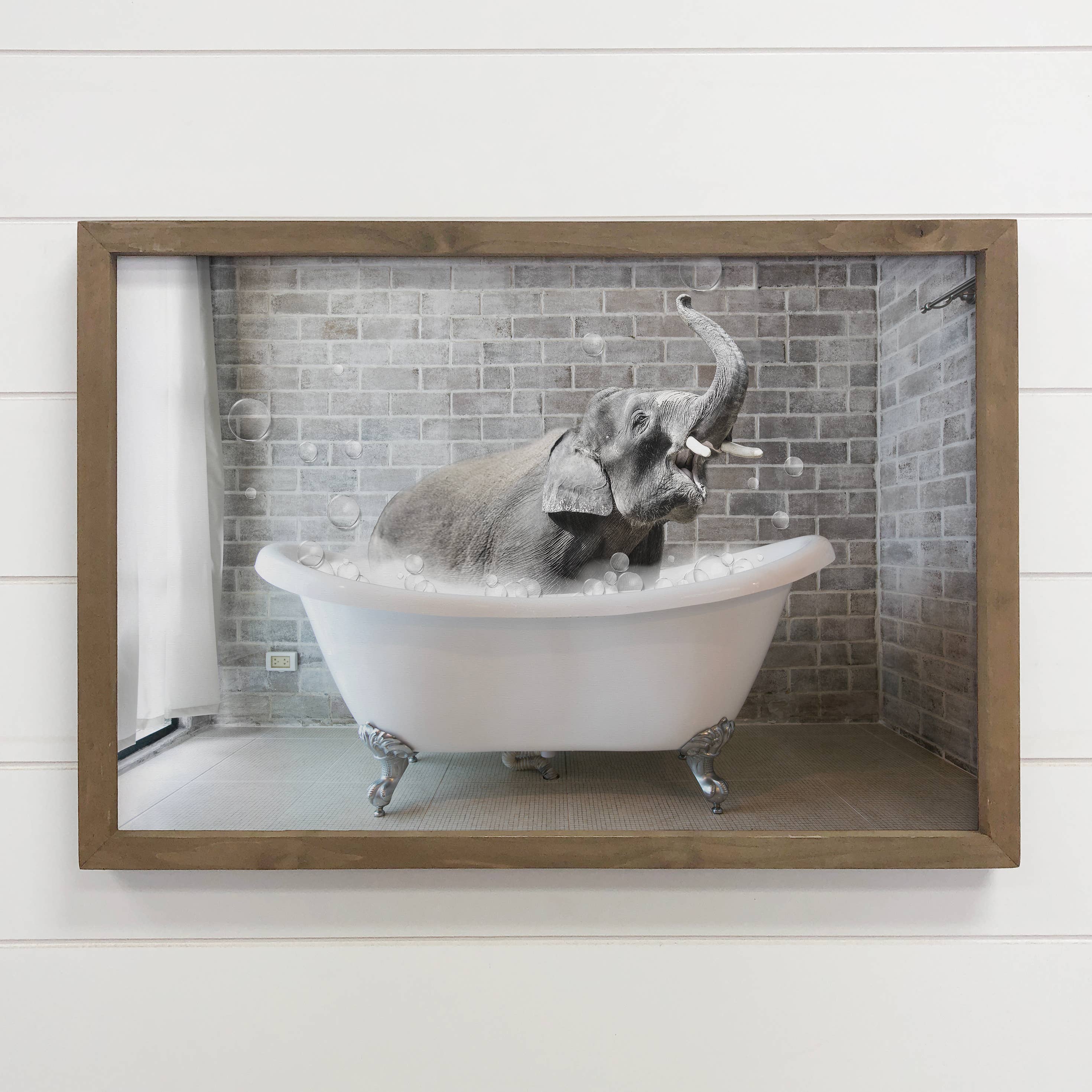 Elephant in Bathtub Kid's Bathroom Canvas Wood Sign Framed